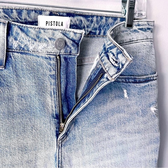 PISTOLA High Rise Straight Leg Crop Distressed Light Wash Zip Fly Jeans 28” Blue - Picture 4 of 10